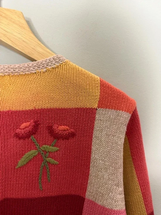 Vintage Appleseeds Ramie Cotton Cardigan Sweater Embroidered Fall Floral *o - Picture 7 of 10